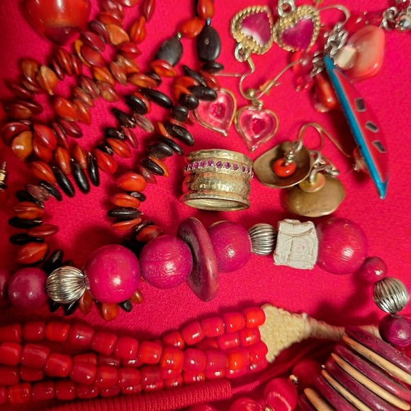 Lot RED Fashion Jewelry Necklaces Bracelets Earrings Rings Brooch Primary Colors - Picture 4 of 14